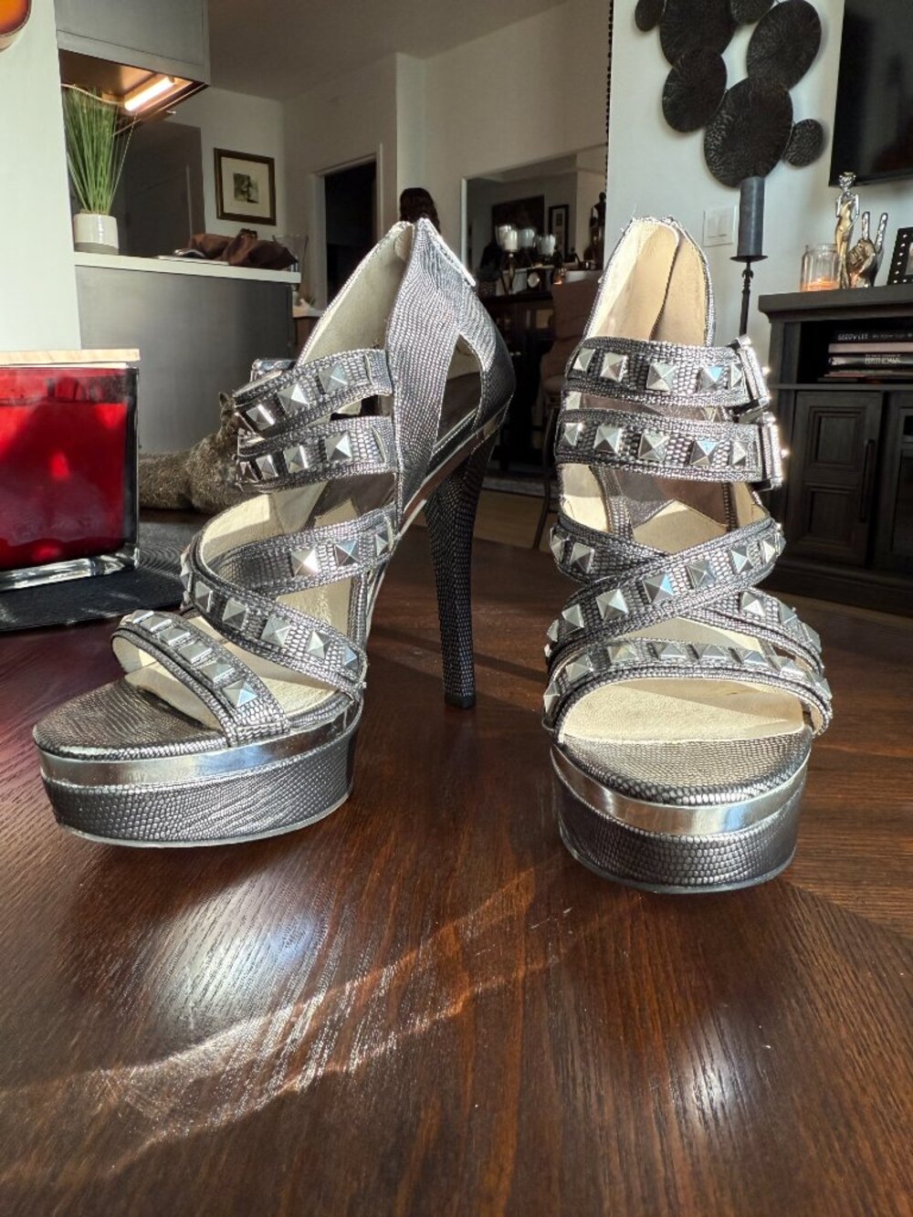 MICHAEL Michael Kors Aria Rock Cage Silver Metallic Studded Heels | 8.5 NEW